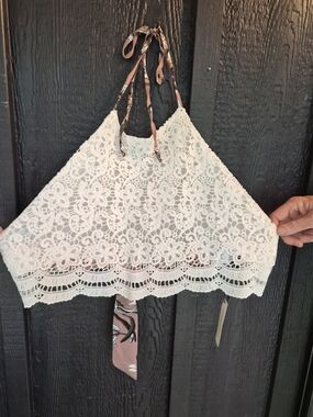 Lace Halter Crop Top in White with Pink Ties